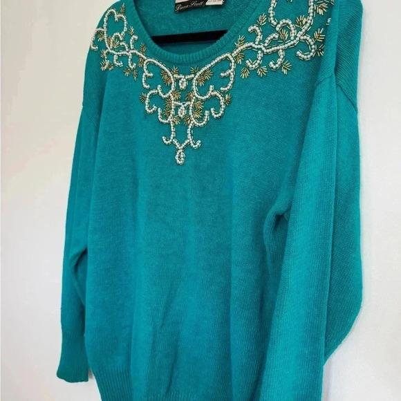 Vintage Teal Beaded Sweater by Dana Scott - Size L - Picture 4 of 9
